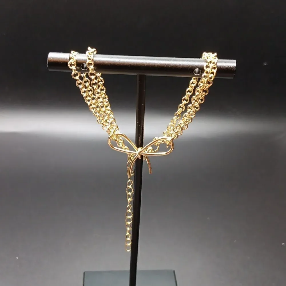 New Double Strand Bow‎ Tie Charm Bracelet Goldtone Women's